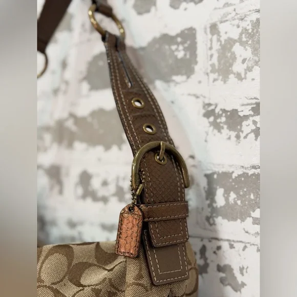 Coach Lurex Hobo Bag Metallic Tan Logo Print 8K37 | Gold Python Handle | EUC - Picture 5 of 10